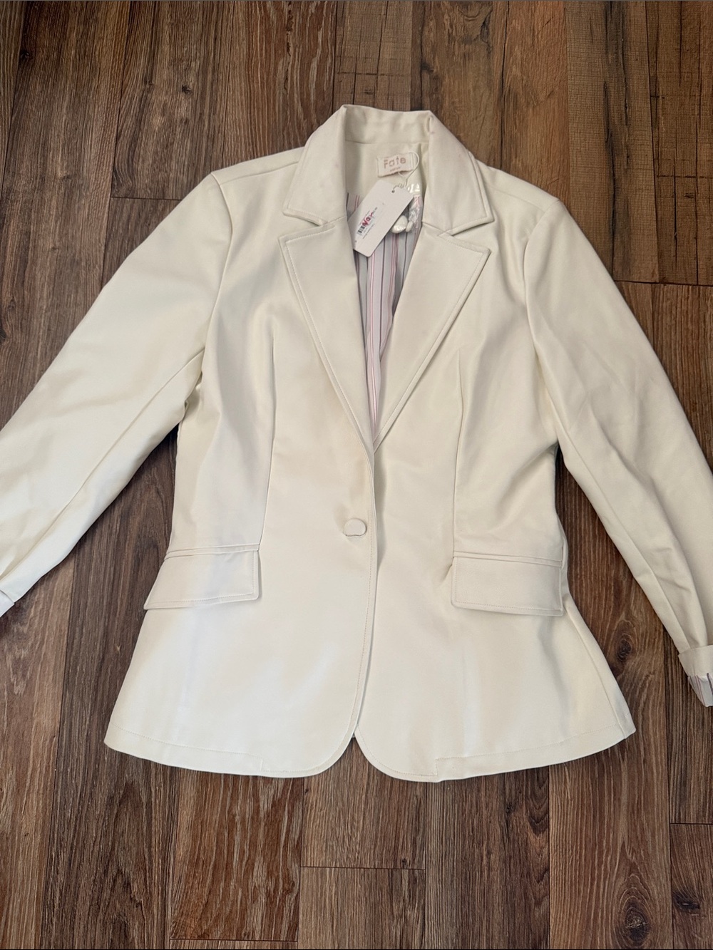 Fate Faux Leather Ivory Single-Button Tailored Blazer